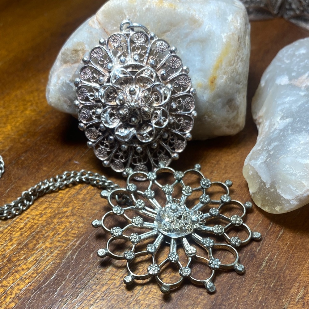 2 Elegant Silver colour Filigree Pendants